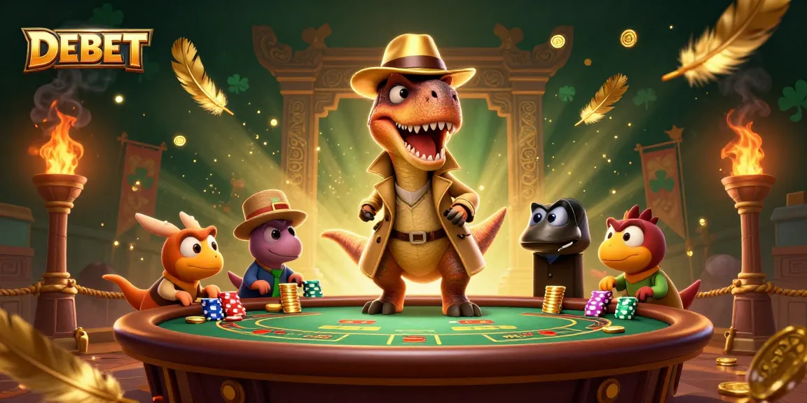 Experience gaming excitement at DEBET with a velociraptor card counter and vibrant casino elements.