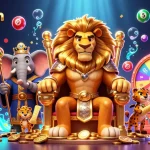 Experience the excitement of linksunwin with vibrant lottery balls and a regal casino scene.