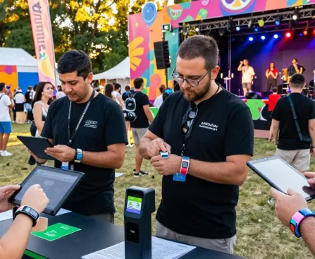 Effortless access control and payment with pulseras digitales para eventos at a vibrant festival scene.