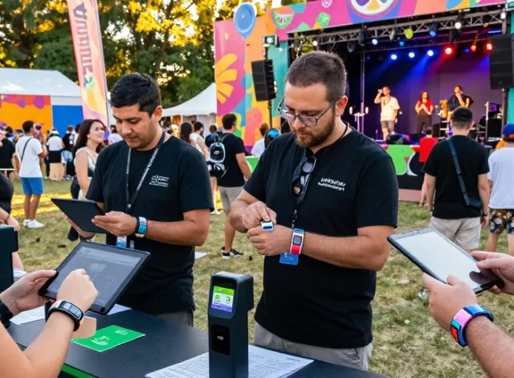Effortless access control and payment with pulseras digitales para eventos at a vibrant festival scene.