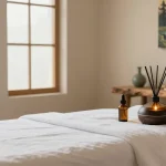 Relaxing massage therapy room setup for 하남출장마사지, featuring massage table, aromatherapy diffuser, and soothing decor.