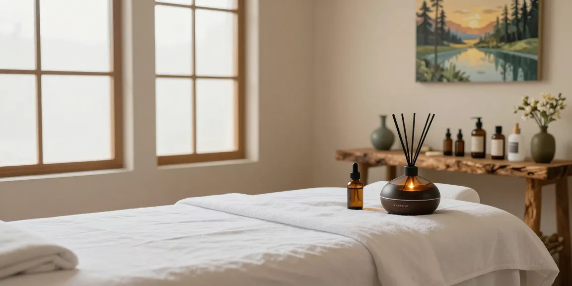 Relaxing massage therapy room setup for 하남출장마사지, featuring massage table, aromatherapy diffuser, and soothing decor.