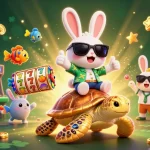 Slot demo menunjukkan kelucuan karakter kelinci beruntung beraksi di permainan slot penuh warna.