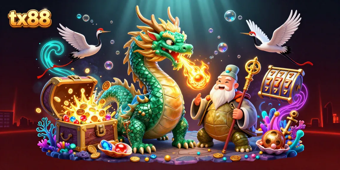 tx88 showcases a thrilling casino scene with a jade dragon and vibrant slot elements.