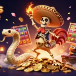 Experience the thrill of pokies online with a vibrant 3D scene featuring dancing characters and slot elements.