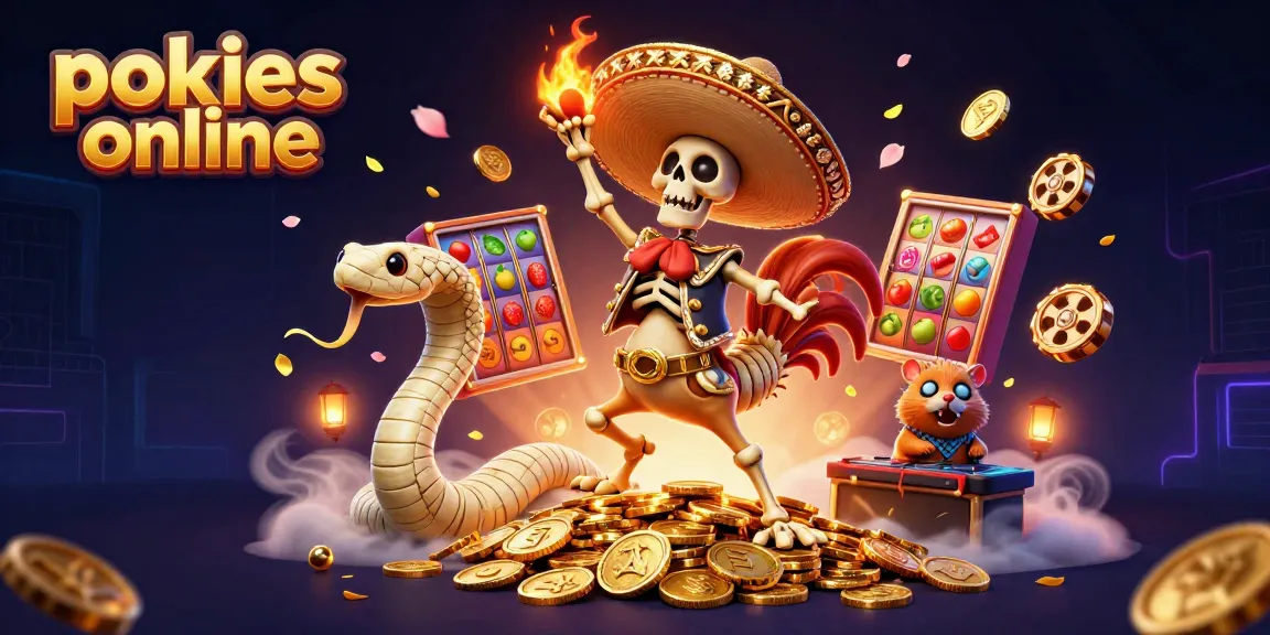 Experience the thrill of pokies online with a vibrant 3D scene featuring dancing characters and slot elements.
