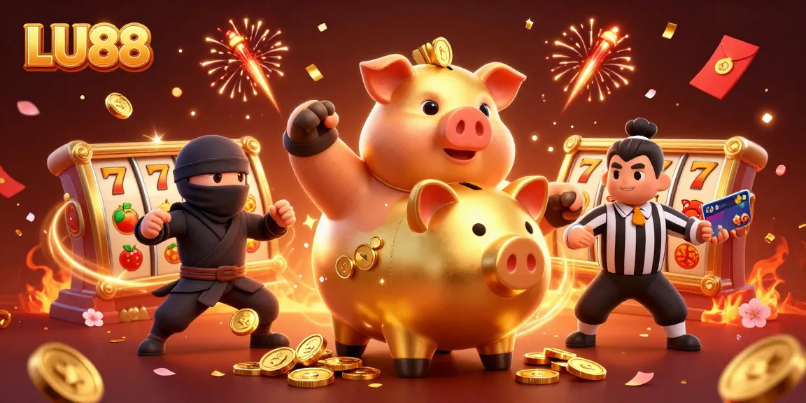 LU88 showcases an energetic casino scene with characters, spinning slot reels, and festive elements.