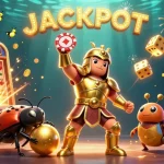 MAY88 jackpot illustration with a hercules beetle celebrating a victory amidst vibrant casino elements.