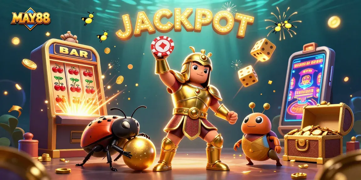 MAY88 jackpot illustration with a hercules beetle celebrating a victory amidst vibrant casino elements.